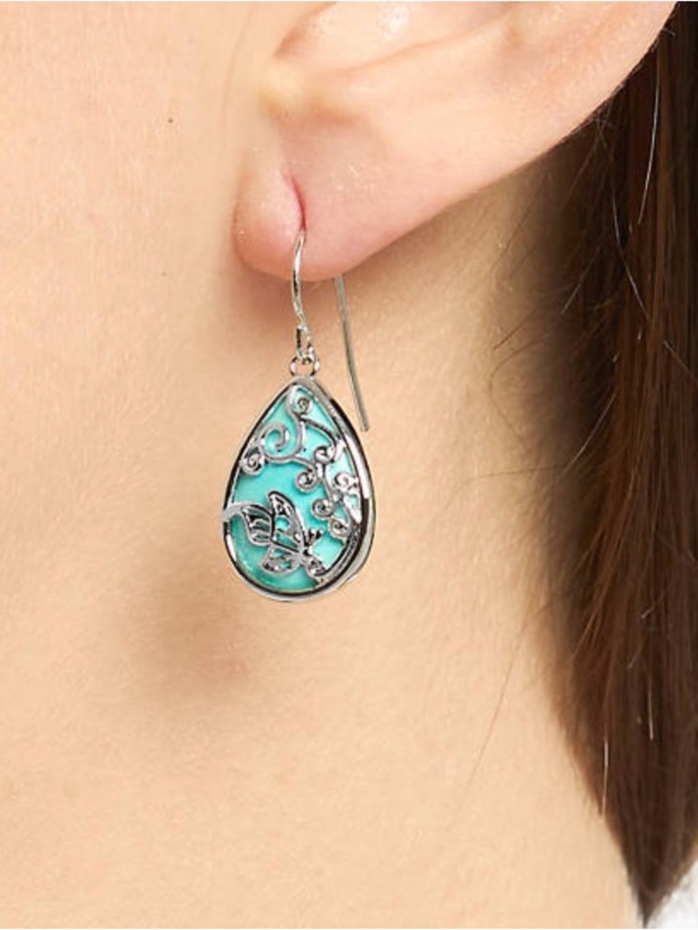Turquoise Teardrop Butterfly Filigree Earrings in Sterling Silver - Picture 2 of 2
